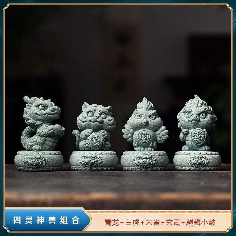 Creative four mythical beasts tea pets green sandstone dragon turtle tea pet ornaments tea tray decorative ornaments can be raised tea art tea play