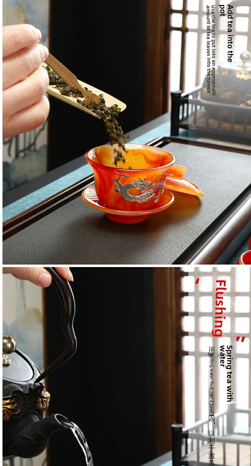 Qimeiyoupin gilded glazed bowl Kung Fu tea set office home agate jade tea cup gift box