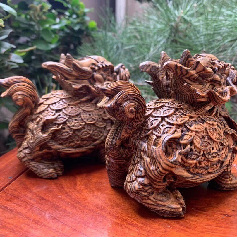 Rosewood carved basalt ornaments rosewood dragon turtle pair green sandalwood handle solid wood gift tea pet entrance living room