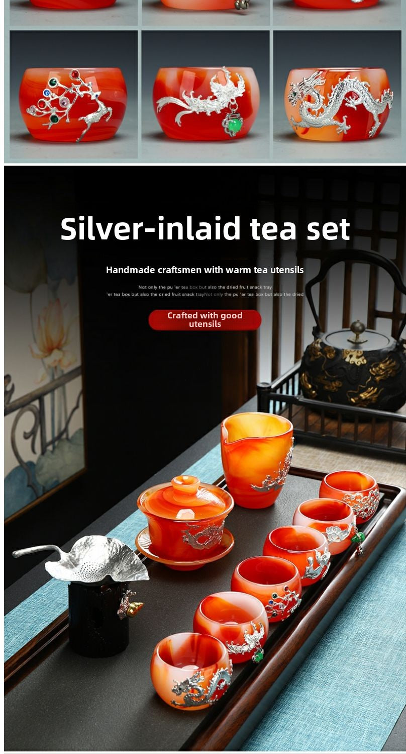 Qimeiyoupin gilded glazed bowl Kung Fu tea set office home agate jade tea cup gift box