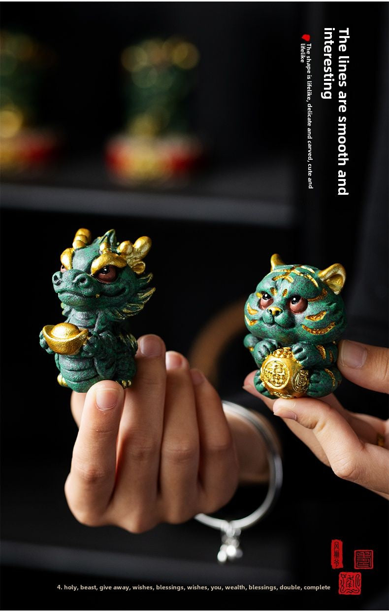 New Chinese style cute healing system fortune-attracting four beasts mascots blue sandstone tea pet ornaments Qinglong desktop decoration