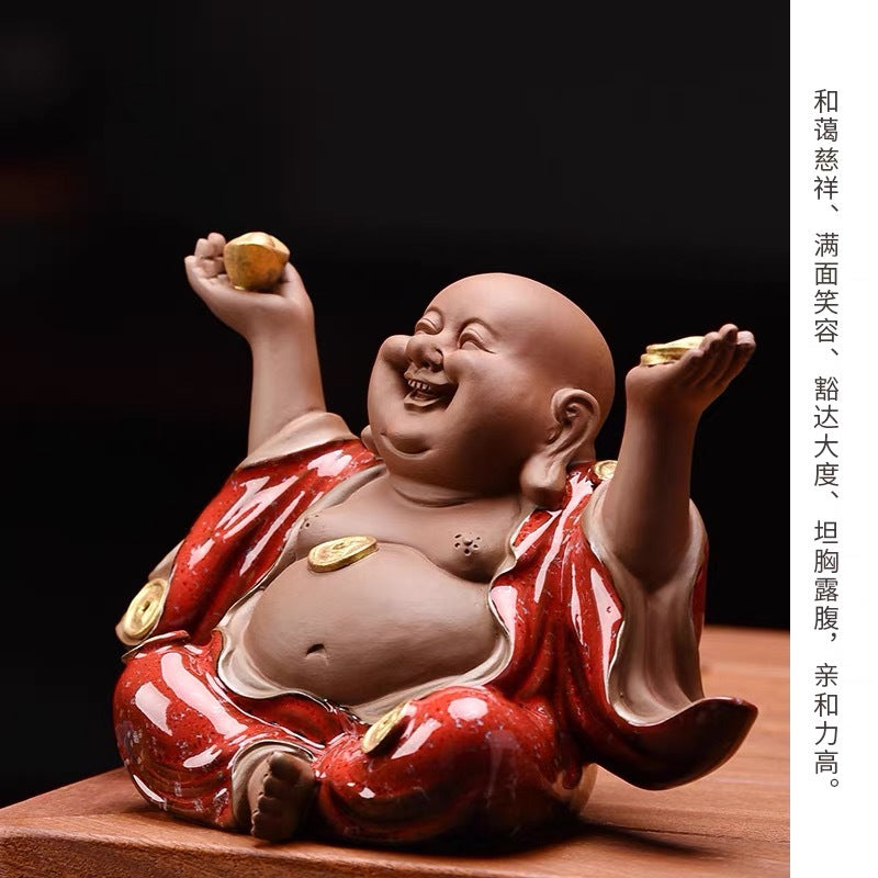 New Chinese Zen ceramic Maitreya Buddha ornaments living room porch desk Buddha statue decoration tea room desktop tea pet