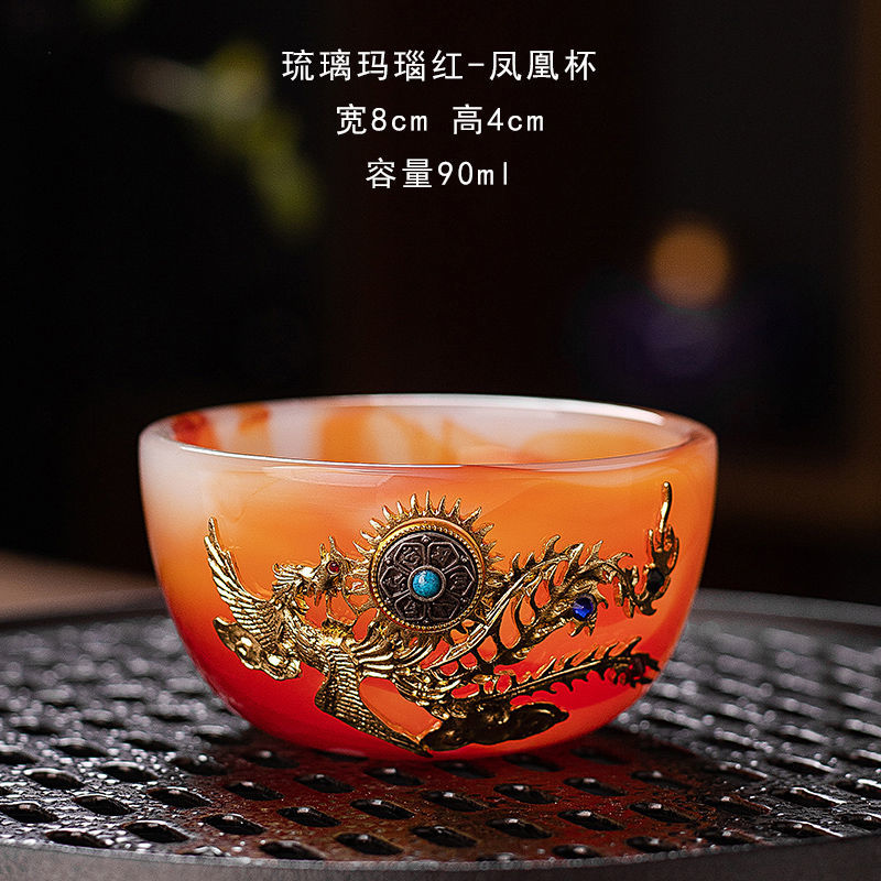 New hand-made silver-inlaid glazed jade white dragon and phoenix host tea cup single creative tea cup jade porcelain tea cup