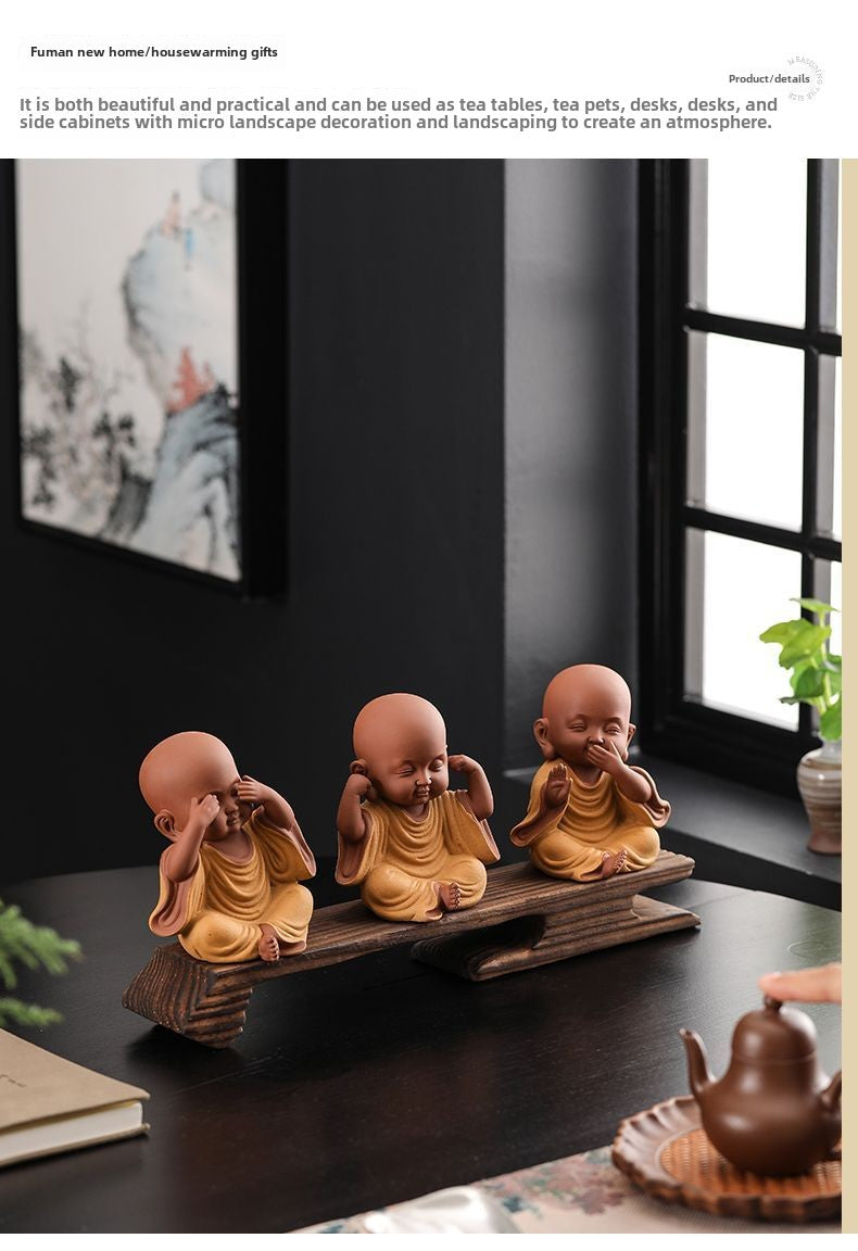 Chinese Zen Three Little Monks Cute Characters Ceramic Home Furnishings Office Desktop Zen Tea Pet Furnishings