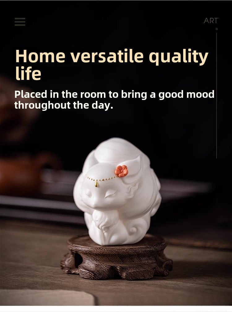 Dehua preferred cute white porcelain nine-tailed fox small ornaments tea ceremony tea table tea play tea pet ornaments desktop can be raised decoration