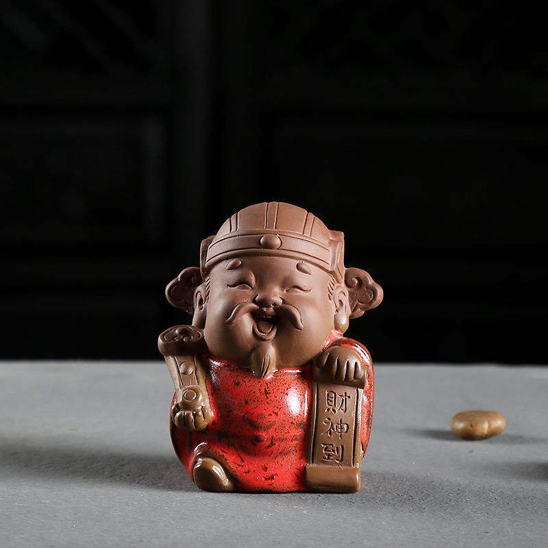 Fine ceramic ornaments Fu Lu Shou God of Wealth ornaments hand-made sculpture tea toy small Buddha statue purple sand tea ceremony tea pet can be raised