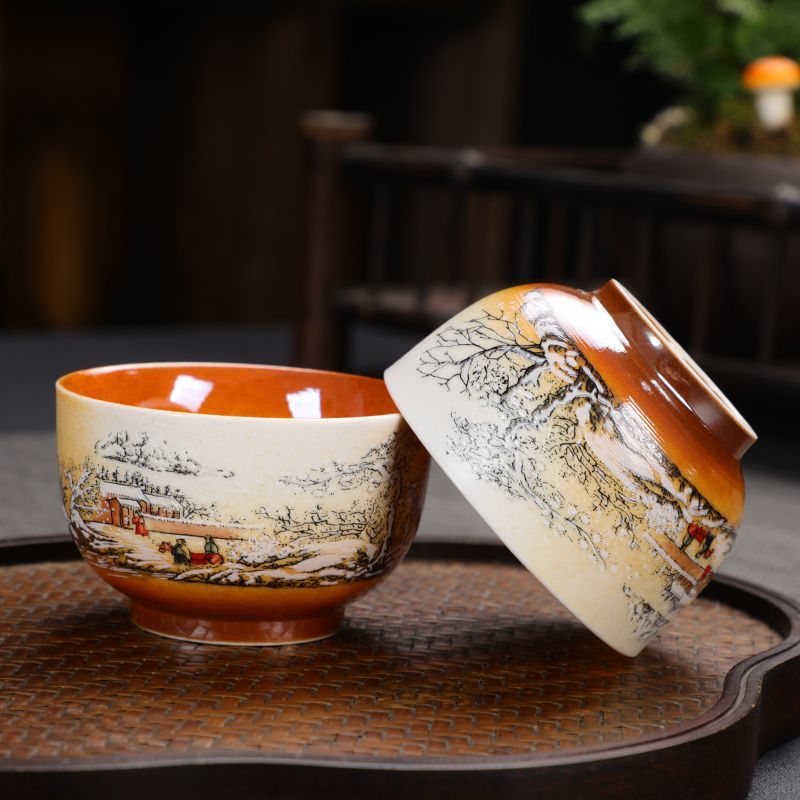 [Exquisite craftsmanship] Antique wood-fired Kung Fu tea set home office hand-painted tea cups and lids ceramic gift box high-end