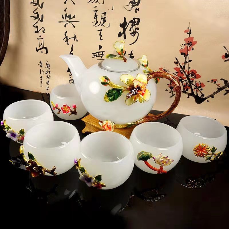 Xinjiang white jade flower blossoms with wealth and integrity, gold inlaid jade high-end home gift tea set Kung Fu jade cup!