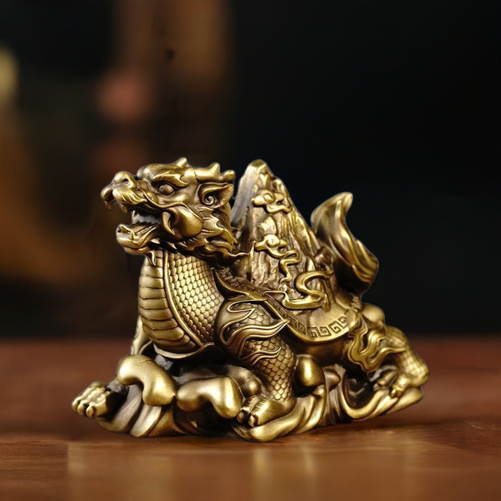 Brass dragon turtle carrying mountain ornaments exquisite hand-held pieces Xuanwu Baxia tea pet home office desk decoration gifts