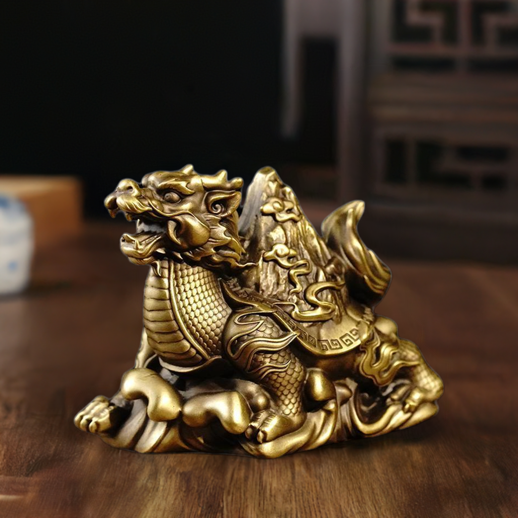 Brass dragon turtle carrying mountain ornaments exquisite hand-held pieces Xuanwu Baxia tea pet home office desk decoration gifts